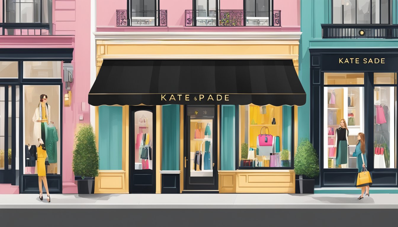 A sleek, elegant storefront with "kate spade" in bold letters, surrounded by upscale boutiques and a bustling city street
