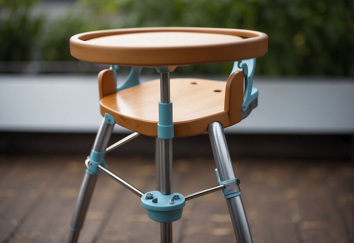 A high chair with various DIY footrest solutions attached, showcasing the need for foot support in high chairs