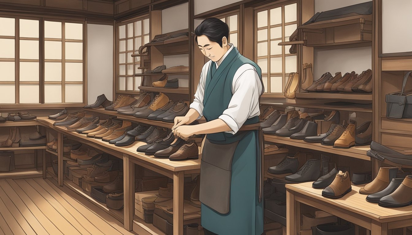 A traditional Japanese shoemaker meticulously handcrafts bespoke shoes with precision and care. The workshop is filled with tools, leather, and the soothing sound of craftsmanship