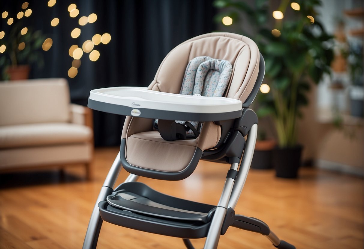A high chair reclines to accommodate babies for feeding and resting. The adjustable seat and footrest provide comfort and support for little ones
