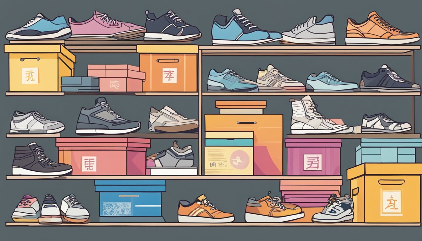 A stack of colorful shoe boxes labeled "Frequently Asked Questions Japanese Shoe Brands" on a shelf, surrounded by various styles of Japanese footwear