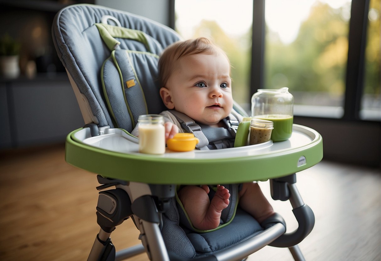 A reclining high chair with adjustable backrest and safety harness, surrounded by a variety of baby food jars and utensils