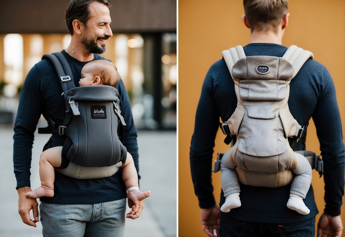 A comparison of Ergo, Baby Bjorn, and Lillebaby carriers displayed side by side with labels and key features highlighted