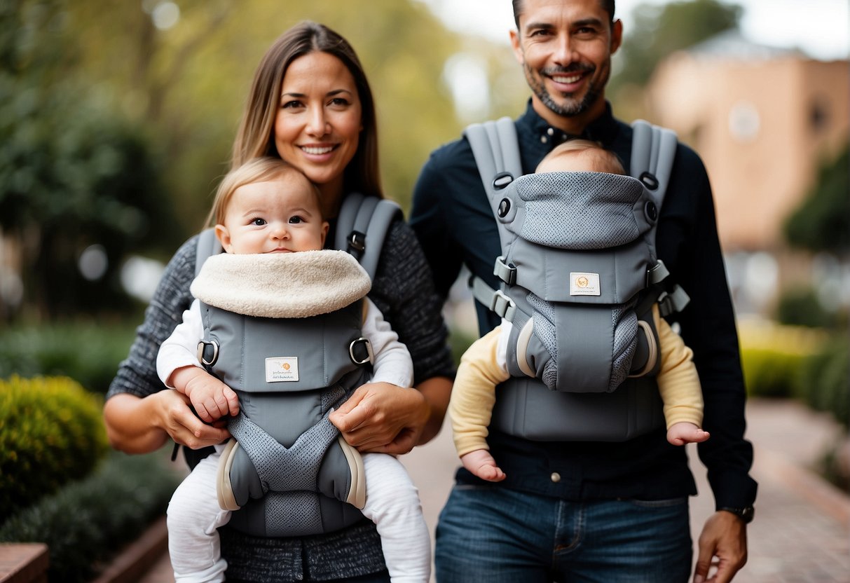 A comparison of Baby Bjorn Ergo, Baby Bjorn, and Lillebaby carriers laid out side by side with their respective features highlighted