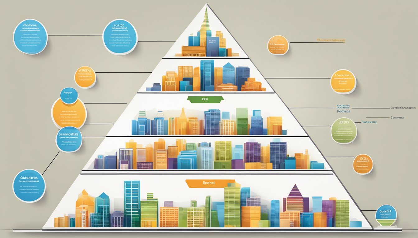 A pyramid of interconnected brands rises, each tier representing a different division within the corporate structure. As the pyramid ascends, the brands grow larger and more prominent, symbolizing the company's growth