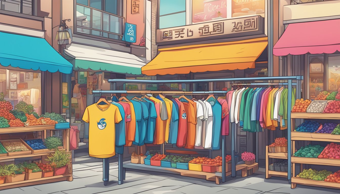 A vibrant street market with colorful Korean t-shirt brands displayed on racks, surrounded by traditional Korean cultural symbols and modern fashion influences