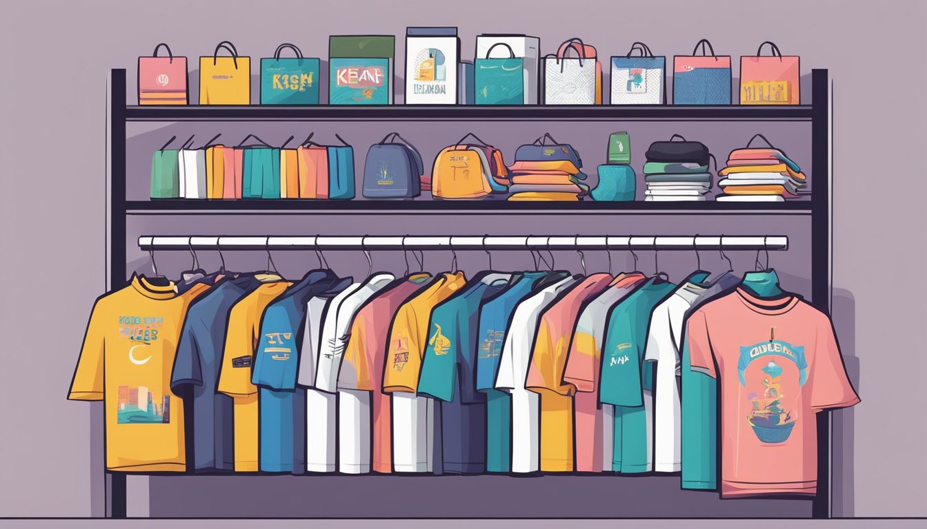 A colorful array of modern Korean t-shirts, featuring bold typography and graphic designs, displayed on sleek, minimalist shelves in a trendy boutique