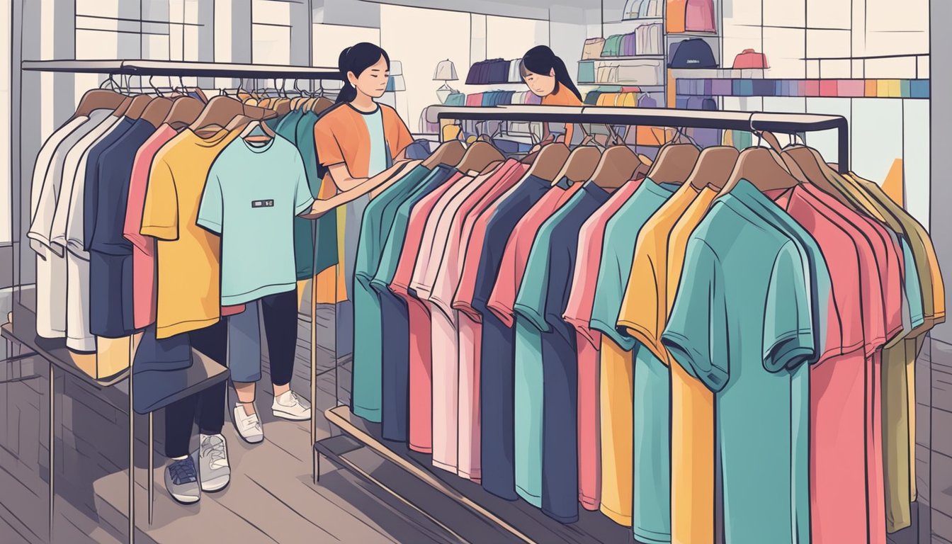 Customers browsing colorful Korean t-shirts on racks in a trendy boutique