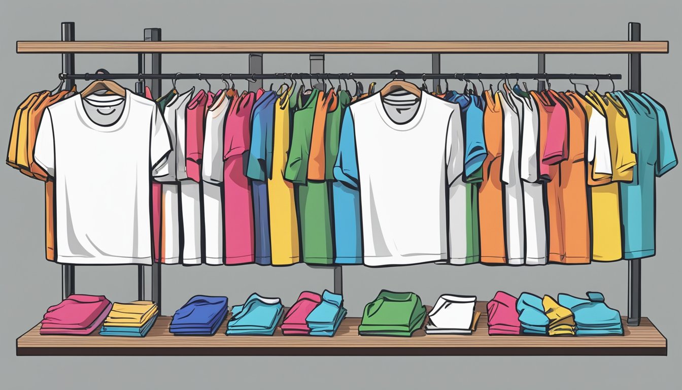 A stack of colorful Korean t-shirts with "Frequently Asked Questions" printed on them, arranged neatly on a display rack