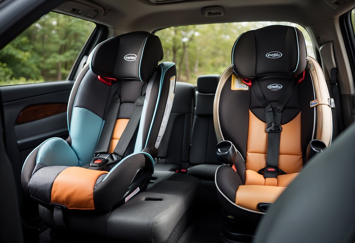 Two car seats side by side, one labeled "Evenflo" and the other "Graco." Both seats are securely fastened in a vehicle, with seat belts and buckles visible