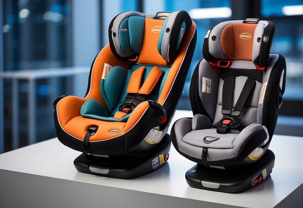 Two car seats, one Evenflo and one Graco, displayed side by side with their respective product models and features highlighted