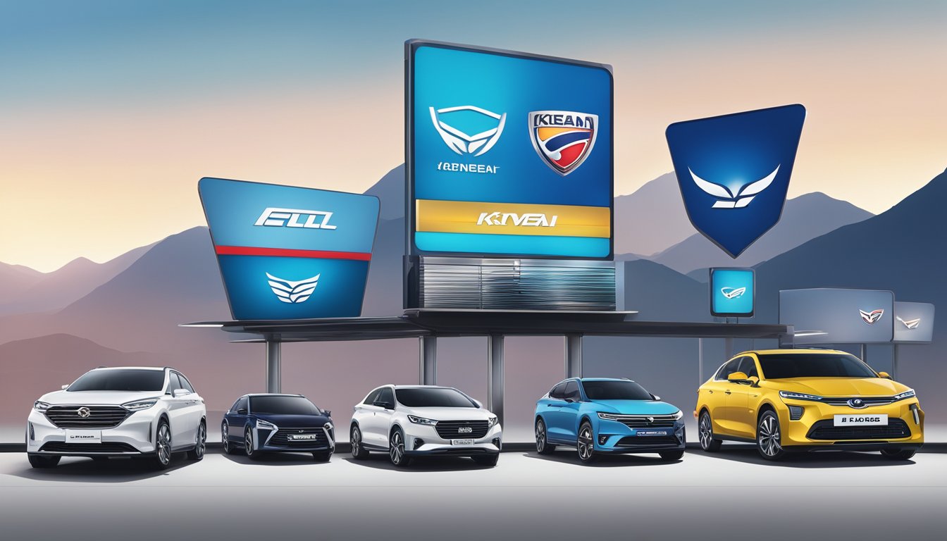 A lineup of Korean car brand logos displayed prominently on a digital billboard with sleek and modern designs