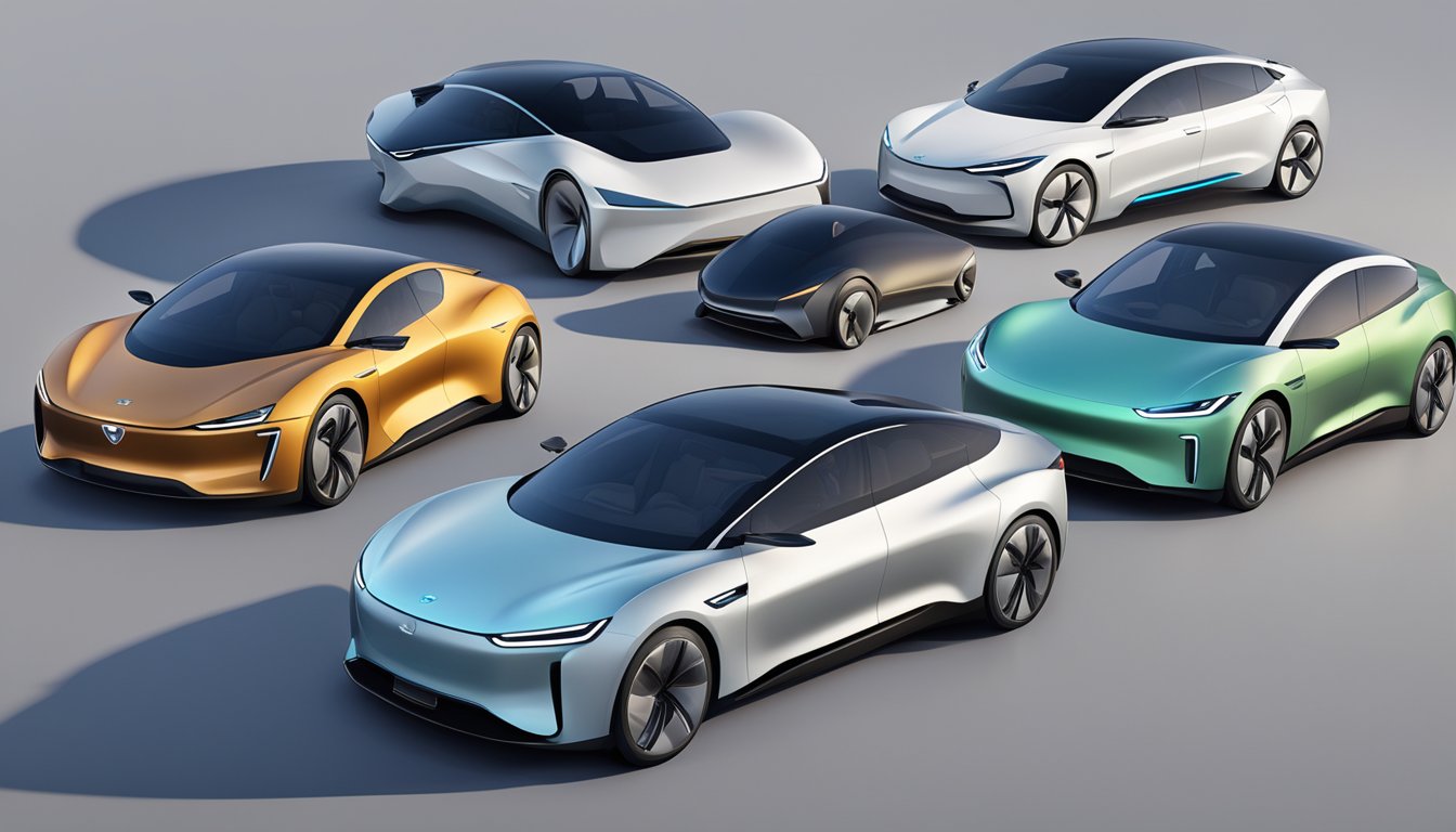 A lineup of sleek, modern electric vehicles from Korean car brands, showcasing cutting-edge technology and design