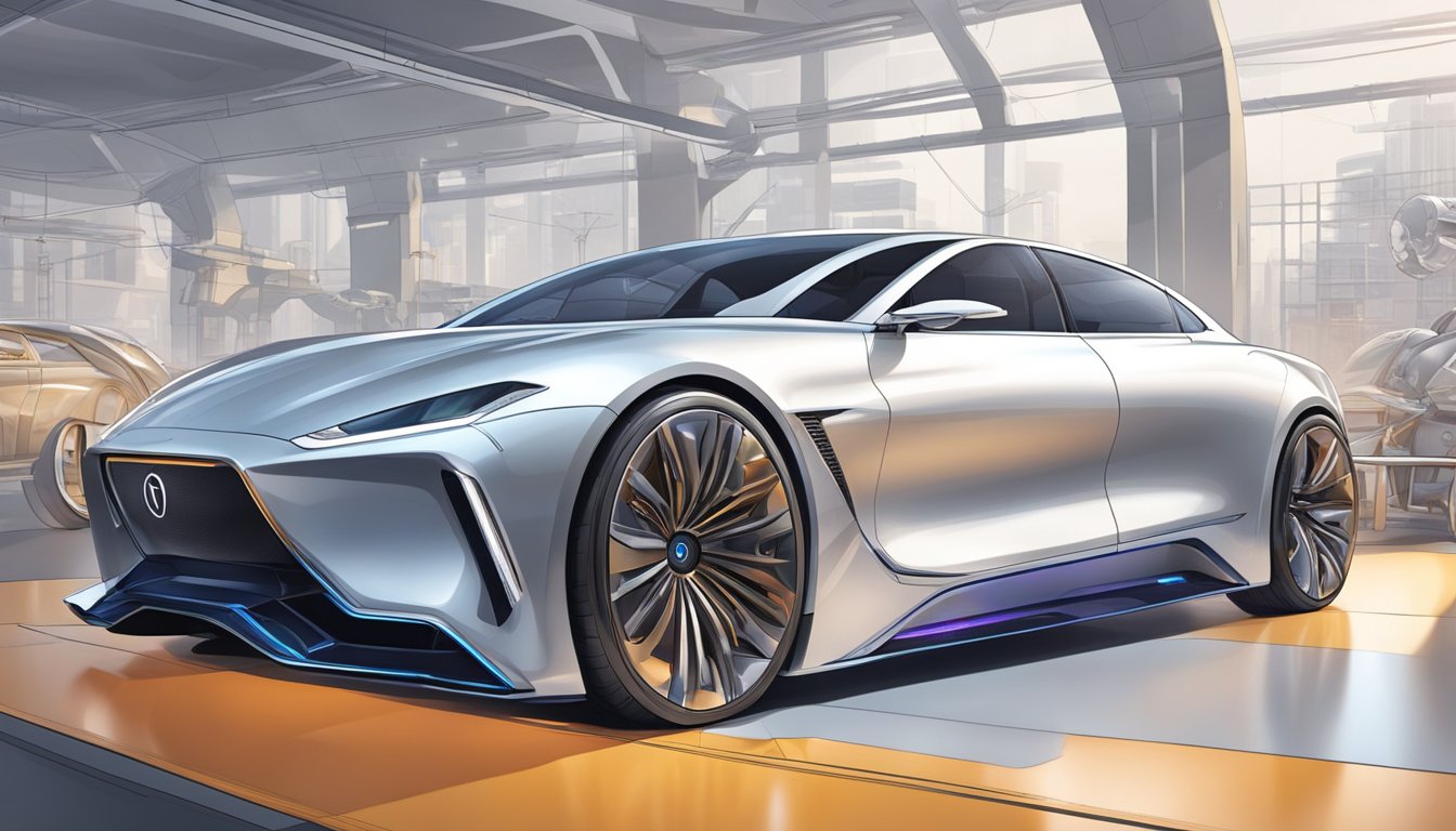 A sleek Korean car sits on a pedestal, surrounded by futuristic design sketches and advanced engineering tools