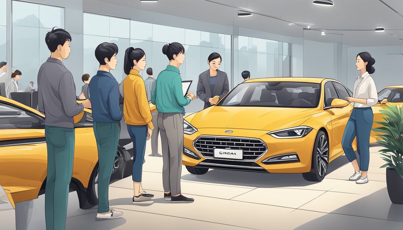 Korean car models displayed in a showroom with customers browsing and comparing features