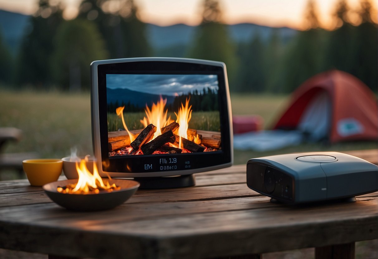 A baby monitor placed on a campsite picnic table, with a tent and campfire in the background