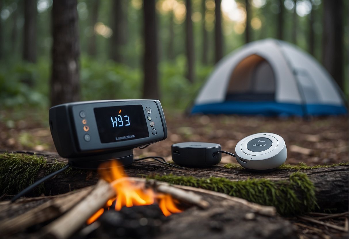 A baby monitor placed on a tree stump in a forest clearing, with a tent and campfire in the background
