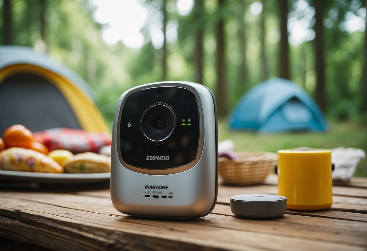 A baby monitor placed on a picnic table in a wooded campsite, with the surrounding nature and camping gear in the background