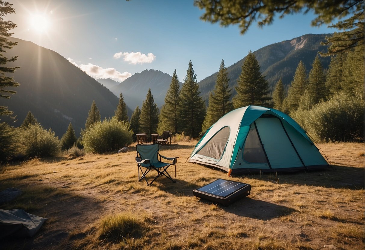 A campsite with solar panels, a portable generator, and a baby monitor set up in a tent among trees and mountains