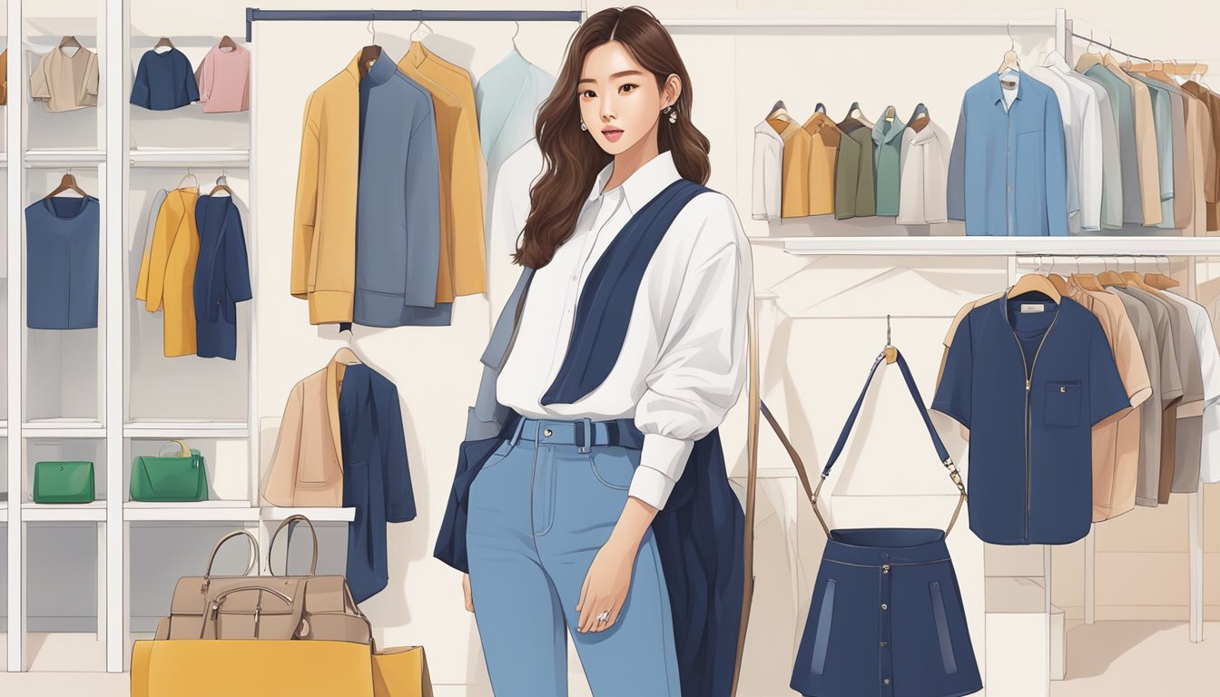 A vibrant online marketplace showcasing Korean clothing brands, with sleek designs and trendy styles, capturing the essence of fashion and lifestyle influences