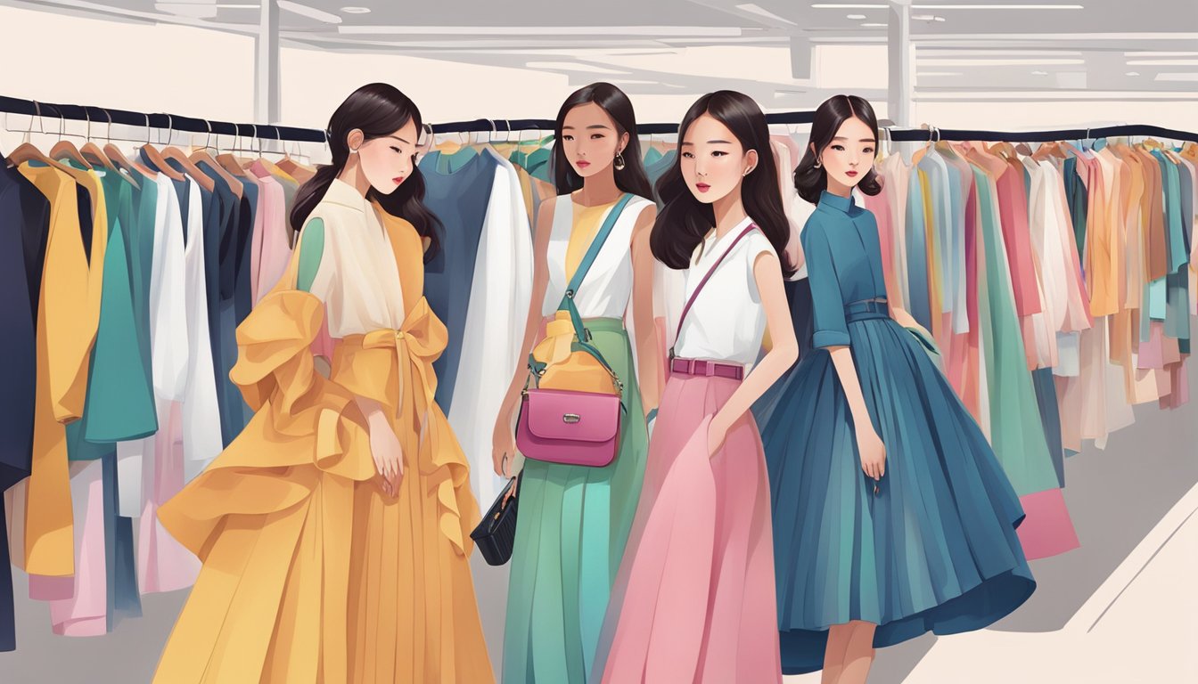 A vibrant display of Korean fashion collections and trends, featuring bold colors, modern silhouettes, and traditional elements, showcased on an online platform