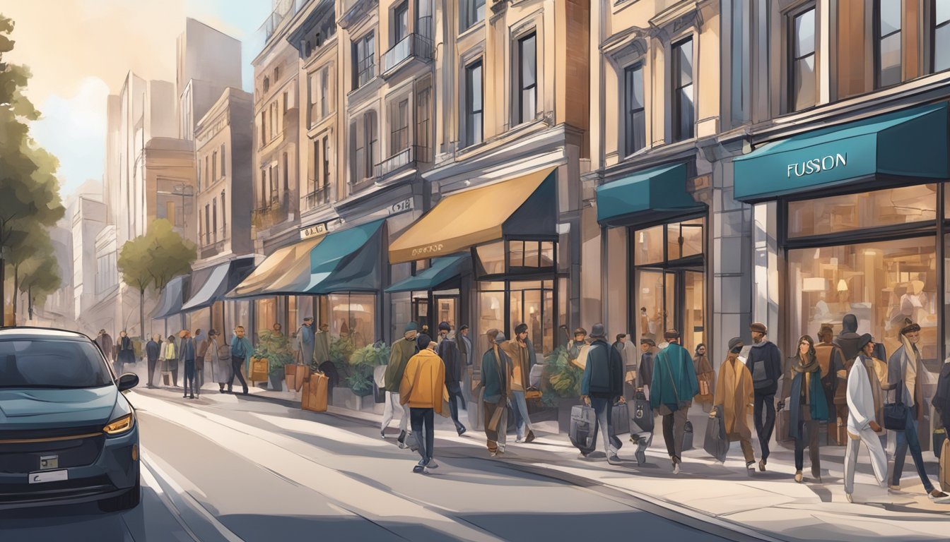 A bustling city street with high-end stores and trendy boutiques, showcasing the fusion of streetwear and luxury fashion for men