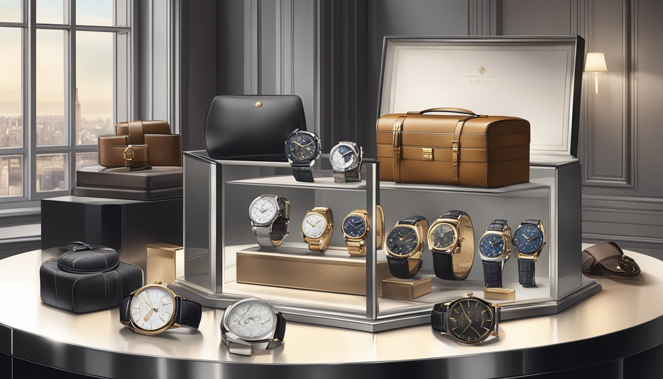 A display of luxury men's accessories: watches, cufflinks, and leather goods arranged on a sleek, modern display case. Rich textures and elegant details catch the light