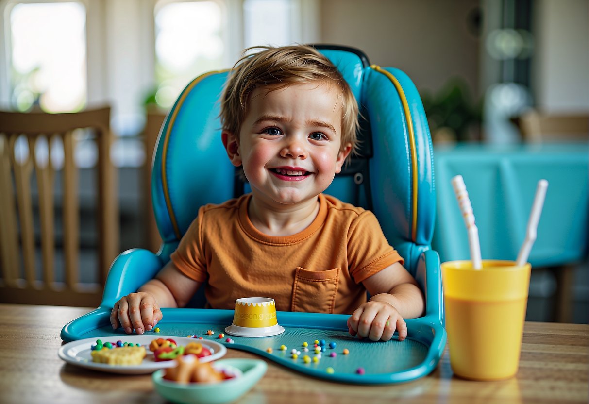 A child sitting in a booster seat at a dining table, with a colorful placemat and a spill-proof cup nearby