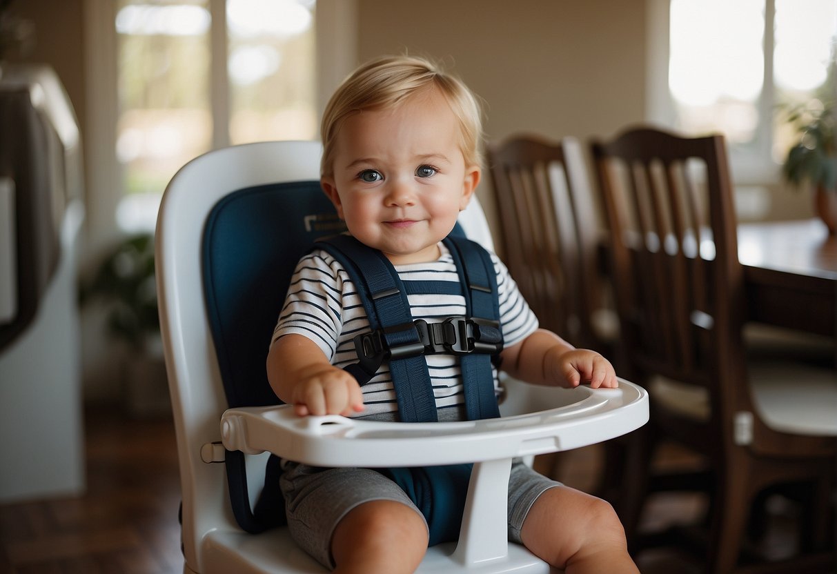 A toddler sitting in a booster seat at the dining table, with a clip-on chair attached to the edge, and a portable fabric high chair strapped to a regular chair