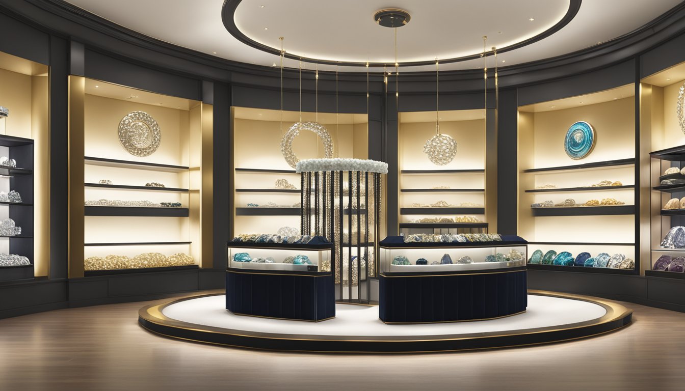 A display of iconic necklace brands, arranged on velvet stands under soft spotlighting. Each brand's logo is prominently displayed, showcasing their unique designs