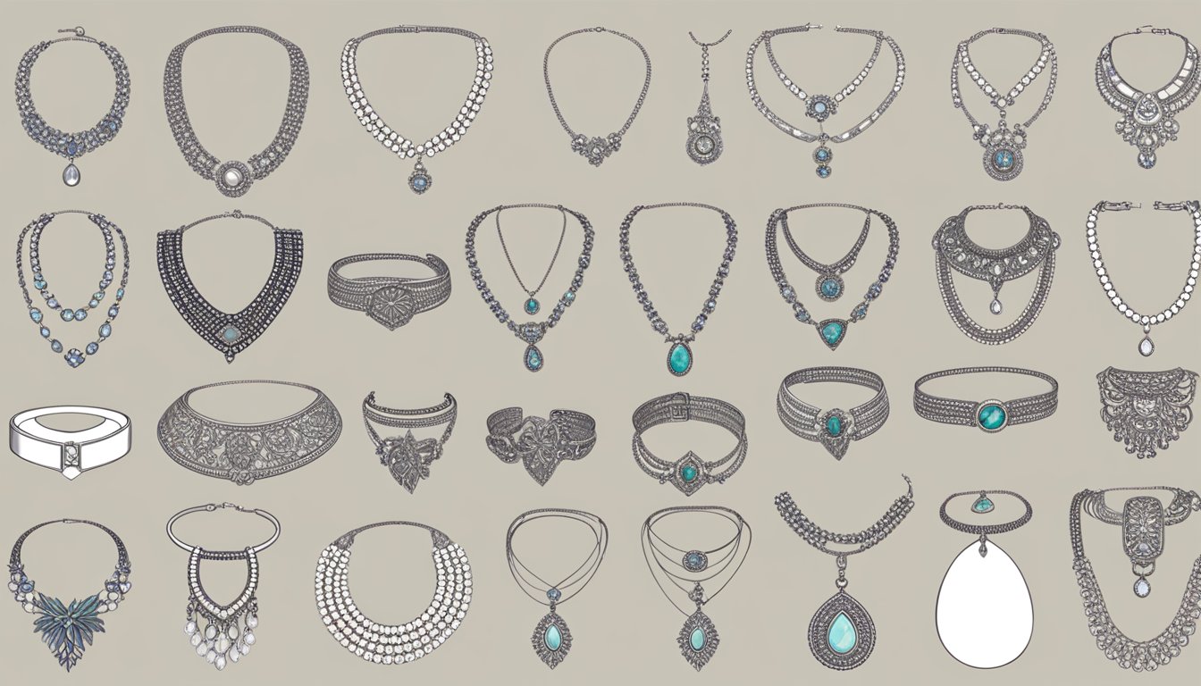 Various necklace designs arranged on a display, showcasing different trends and brands