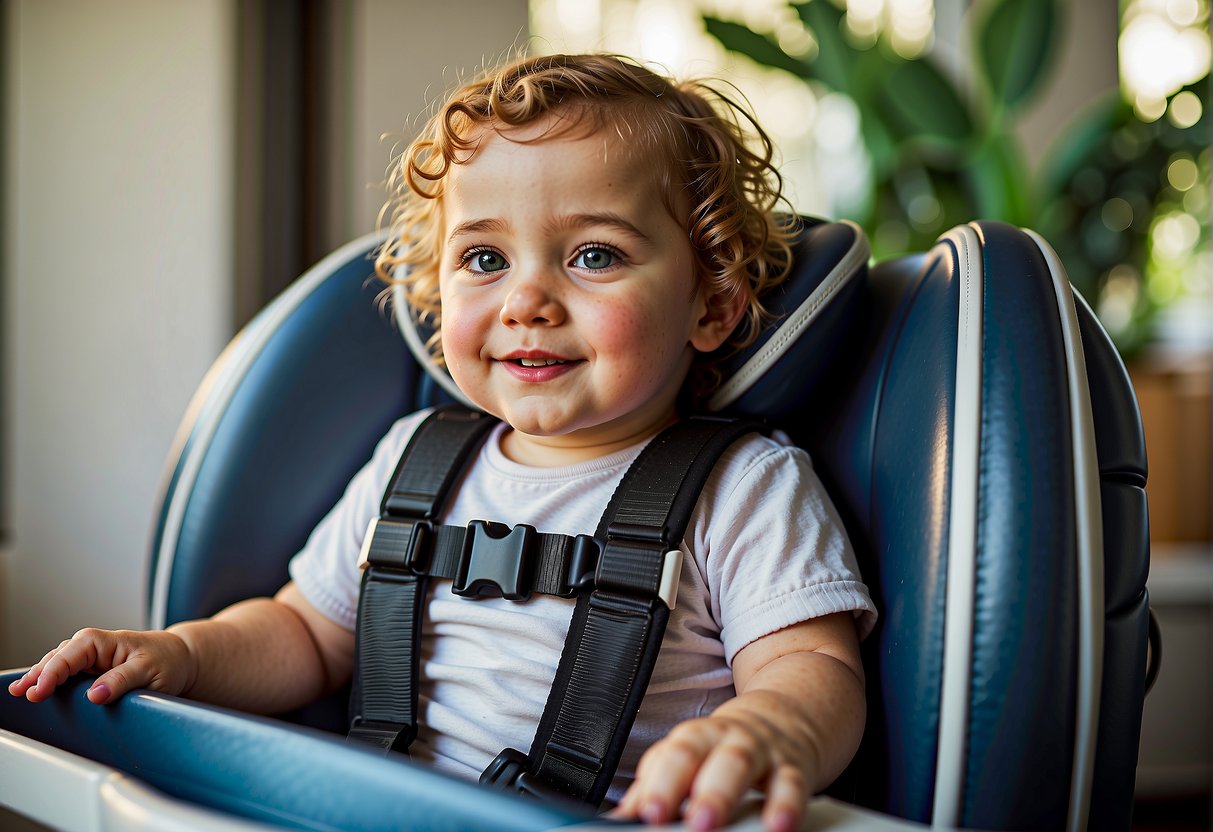 A child sitting in a secure booster seat at the dining table, with non-slip mats underneath and a harness securing them in place