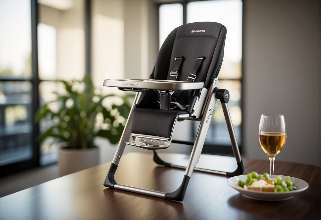 A compact, foldable high chair alternative attached to the dining table. A sleek, modern design with adjustable straps and a removable tray for easy cleaning