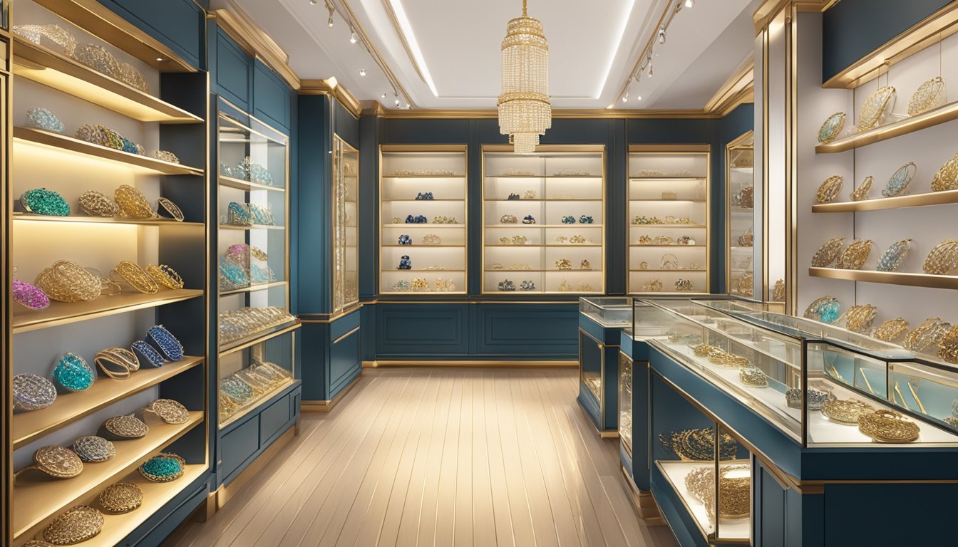 Various necklace brands displayed on shelves in a well-lit jewelry store. Shiny, colorful, and intricate designs catch the eye of potential buyers