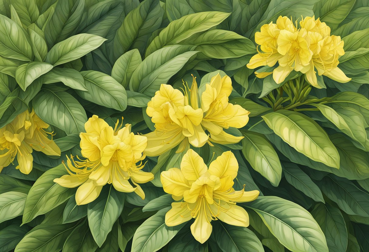 Yellow rhododendron leaves, drooping and wilted, surrounded by healthy green foliage