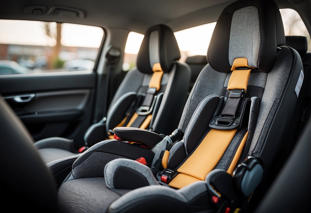A car seat being securely attached to a vehicle using the safety latch system, while another car seat is being installed using the Isofix system