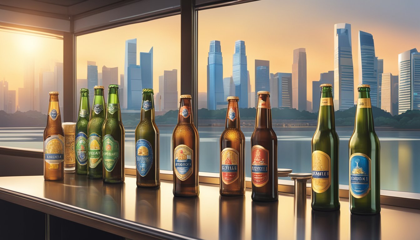 A row of iconic Singapore beer bottles stands proudly on a sleek, modern bar counter, with the city skyline visible through a large window in the background