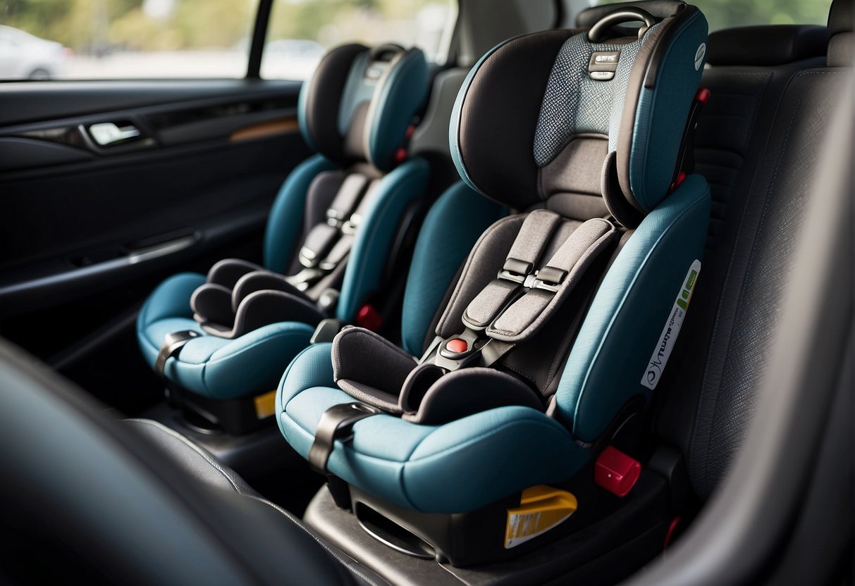 Two car seats side by side, one with Latch connectors and the other with Isofix connectors. The seats are securely fastened to the back seat of a car