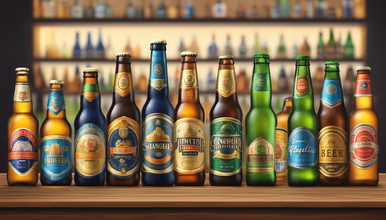 A lineup of iconic Singapore beer brands, with colorful labels and unique bottle shapes, displayed on a rustic wooden bar counter