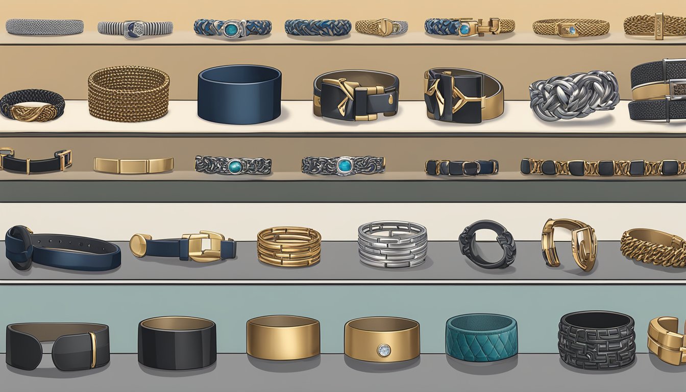 A display of various men’s bracelet styles from different brands. Different materials and designs showcased in a well-lit and organized setting