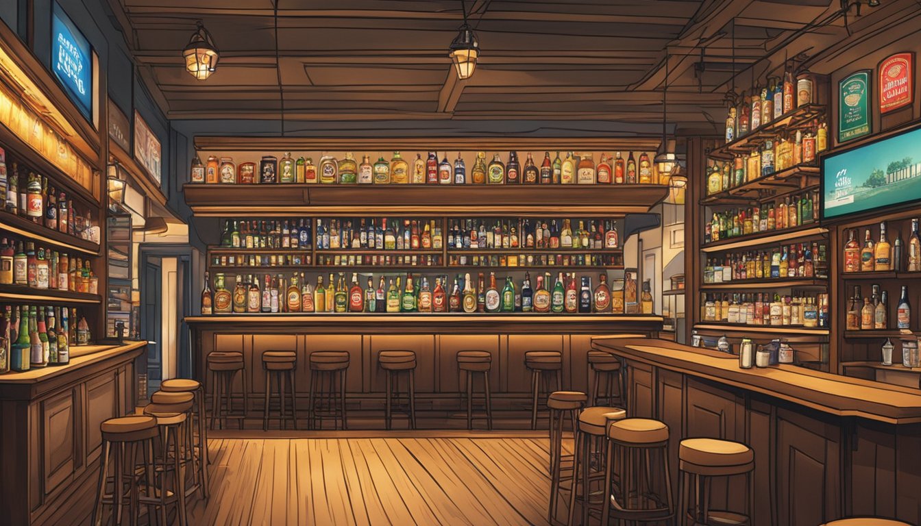 A bustling Singapore bar with shelves lined with popular beer brands, including Tiger, Anchor, and Singapore Sling. Patrons enjoy the lively atmosphere