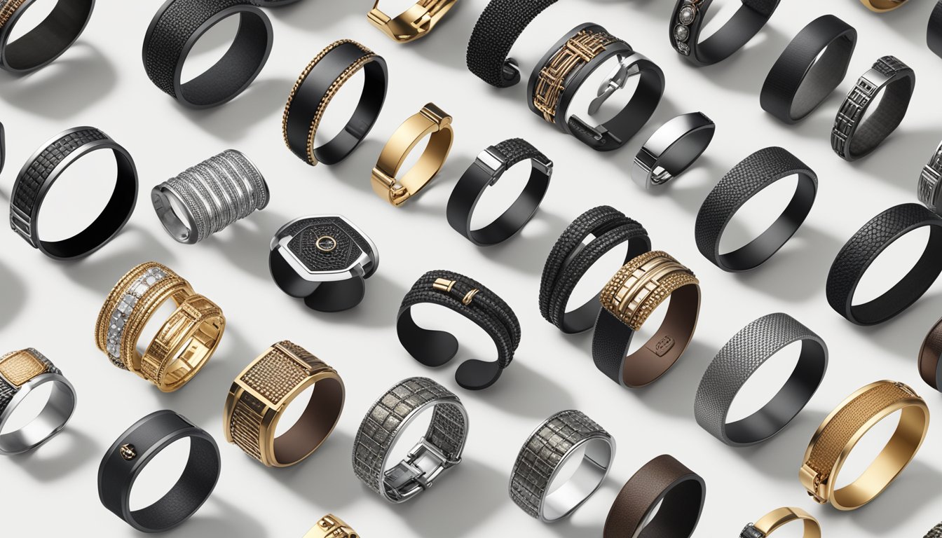 Various mens bracelet brands displayed with their unique signature styles, including sleek metal designs, intricate beaded patterns, and bold leather cuffs