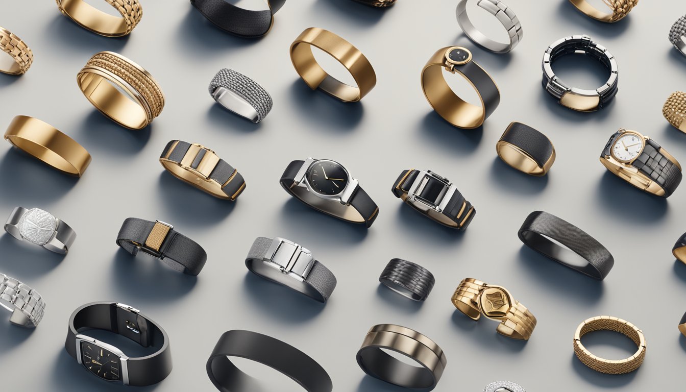 A display of various men's bracelet brands arranged on a sleek, modern countertop with soft, natural lighting highlighting their unique designs and materials