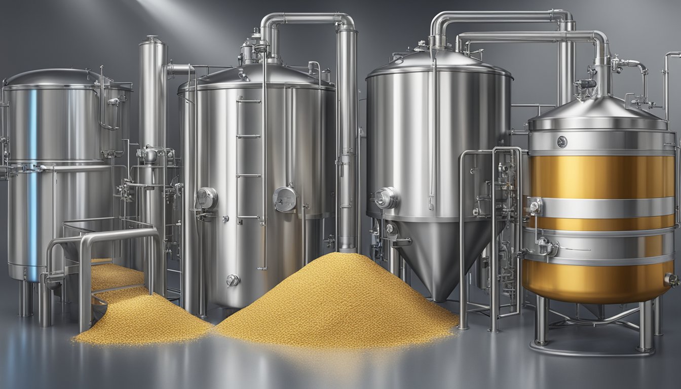 Malted barley, hops, and water mix in a large stainless steel brewing tank. Steam rises as the ingredients are heated and stirred