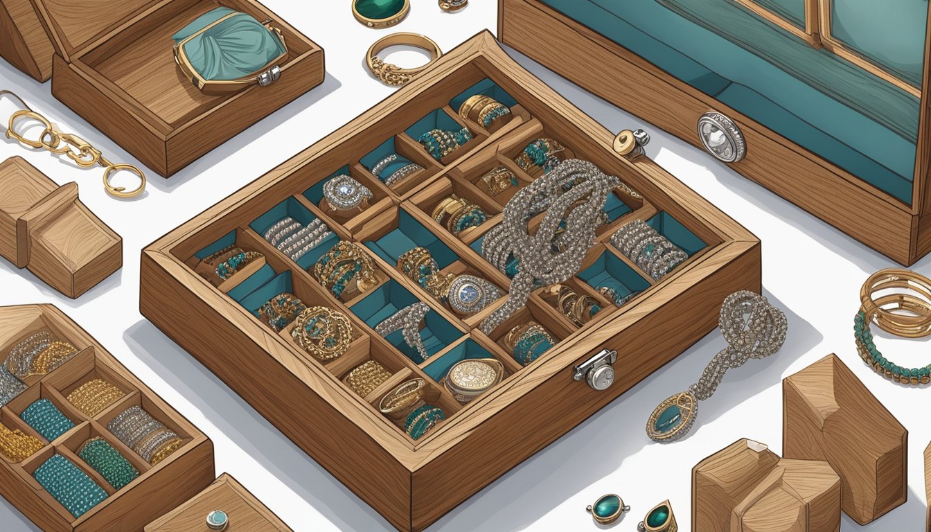 A hand reaching for a wooden jewelry box filled with various men’s bracelets, with a soft cloth nearby for cleaning and care