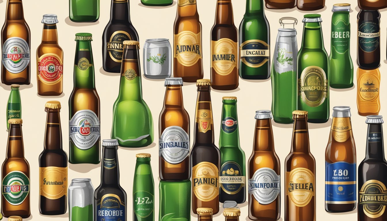 A variety of beer bottles and cans are arranged on a wooden table, showcasing different brands and flavors from Singapore