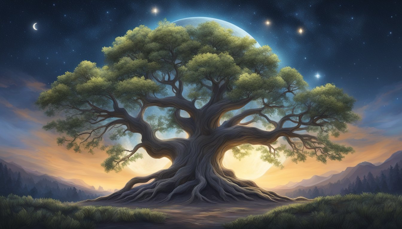 A majestic oak tree stands tall, its roots deeply embedded in the earth, while a radiant new moon shines brightly in the night sky above