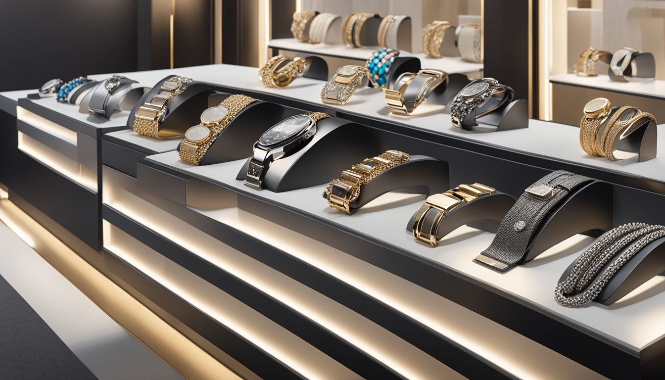 A display of men's bracelets on a sleek, modern jewelry counter with various brands and styles showcased