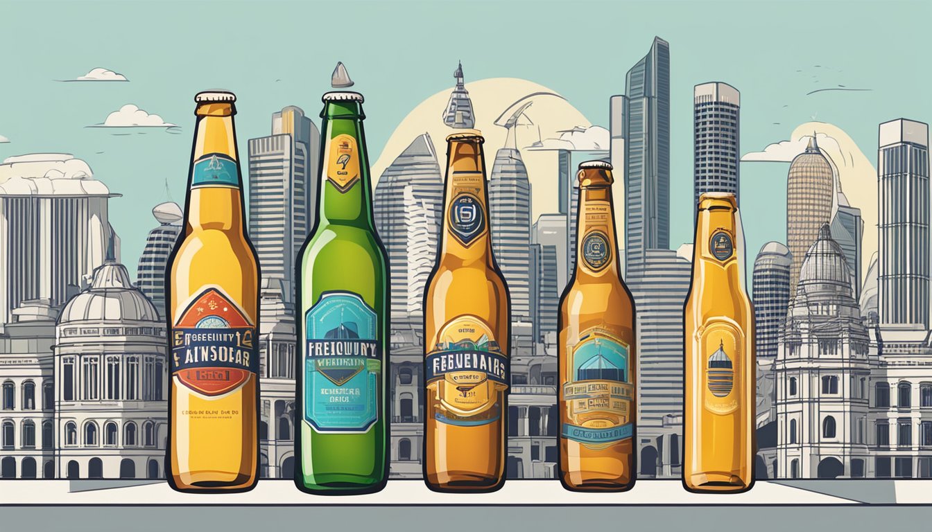 A row of colorful beer bottles with "Frequently Asked Questions" text in bold, set against a backdrop of iconic Singapore landmarks