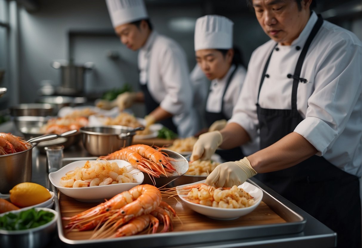 Prawns are being selected and prepared for a Chinese battered prawns recipe. Ingredients and utensils are laid out on a clean, organized kitchen counter